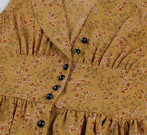 Wellwits Vestido de té vintage de los años 40 con botones florales y cuello dividido para mujer. - amarillo - 36-38