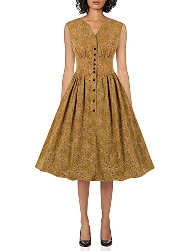 Wellwits Vestido de té vintage de los años 40 con botones florales y cuello dividido para mujer. - amarillo - 36-38