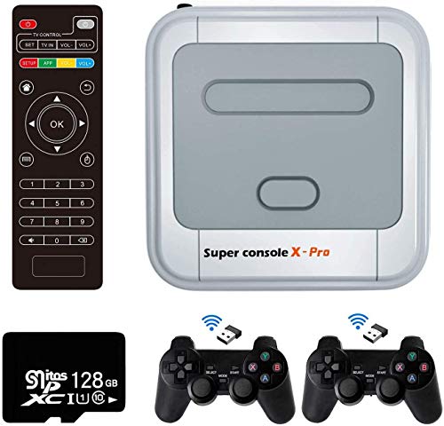 Whatsko Consola Retro Arcade Super Console X Pro,128GB con 41000 Juegos+Mandos de 2 Piezas, 1280x720 FHD Mini Consola de Videojuegos, Wifi Arcade Consola Portatil Multijugador con HDMI/AV/LAN