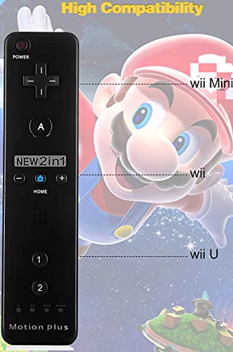 Wii Controller con Nunchuck Remote Motion Plus, Mando a Distancia de Juegos con Funda de Silicona y Correa de muñeca para Nintendo Wii y Wii U (Negro)