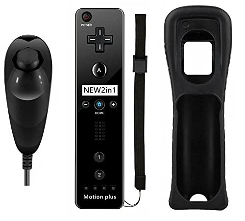 Wii Controller con Nunchuck Remote Motion Plus, Mando a Distancia de Juegos con Funda de Silicona y Correa de muñeca para Nintendo Wii y Wii U (Negro)