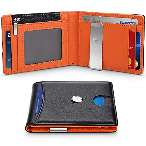 wilbest® Cartera Hombre, Billetera Hombre, Carteras Hombre con Monedero, Cartera Hombre Slim, Cartera Hombre Piel, con Caja de Regalo (Negro Naranja)