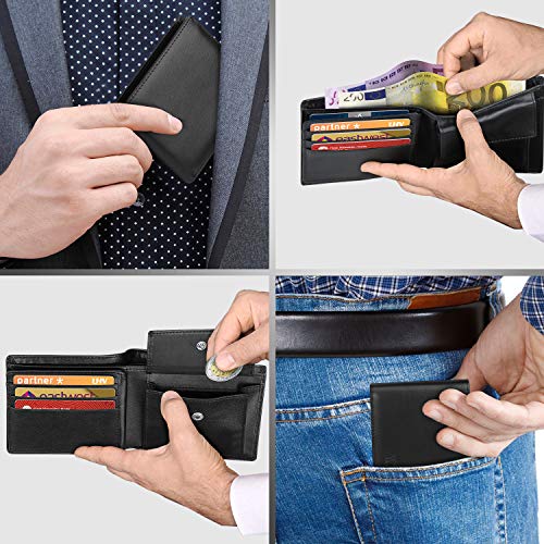 wilbest® Carteras Hombre, Billetera Hombre Bifold Delgada con RFID, 10 Ranuras para Tarjetas (Incluye ID), 2 Ranuras para Billetes, 1 Bolsillo para Monedas, 1 Llavero, 1 Caja de Regalo (Negro)