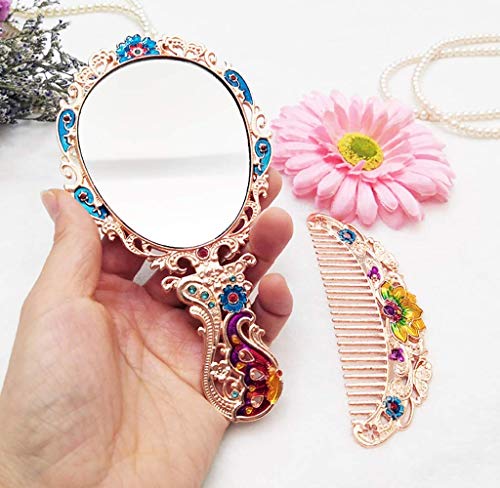 WLABCD Espejo Juego de Peine de Espejo de Metal Redondo Vintage Juego de Peine de Espejo de Tocador de Mano Antiguo Juego de Peine de Espejo de Tocador Antiguo Retro de Re Adornado Mini Juego de Pein