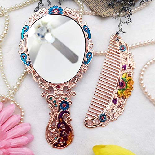 WLABCD Espejo Juego de Peine de Espejo de Metal Redondo Vintage Juego de Peine de Espejo de Tocador de Mano Antiguo Juego de Peine de Espejo de Tocador Antiguo Retro de Re Adornado Mini Juego de Pein