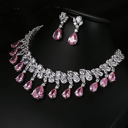 Wly Juego De Joyas Para Mujer Collar Juego De Aretes Colgantes Forma De Gota De Lágrima Circonita Cúbica AAA Juegos De Joyas Para Bodas Color Oro Blanco, Juego De Joyas