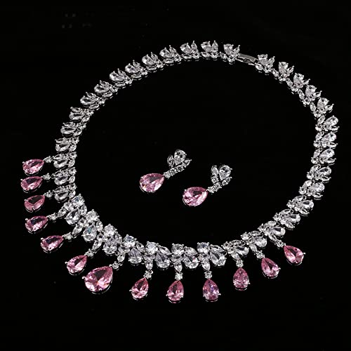 Wly Juego De Joyas Para Mujer Collar Juego De Aretes Colgantes Forma De Gota De Lágrima Circonita Cúbica AAA Juegos De Joyas Para Bodas Color Oro Blanco, Juego De Joyas