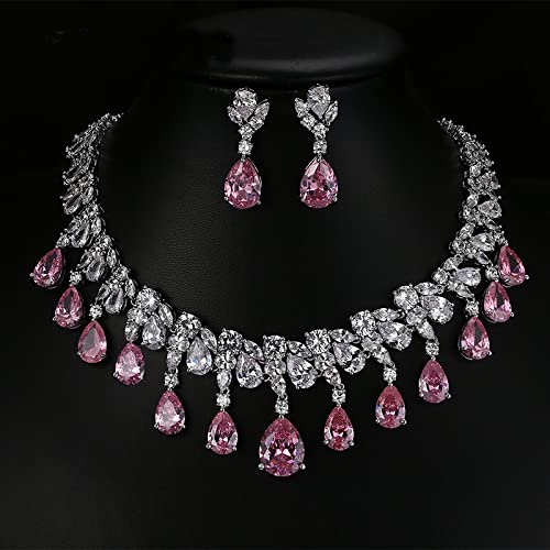 Wly Juego De Joyas Para Mujer Collar Juego De Aretes Colgantes Forma De Gota De Lágrima Circonita Cúbica AAA Juegos De Joyas Para Bodas Color Oro Blanco, Juego De Joyas