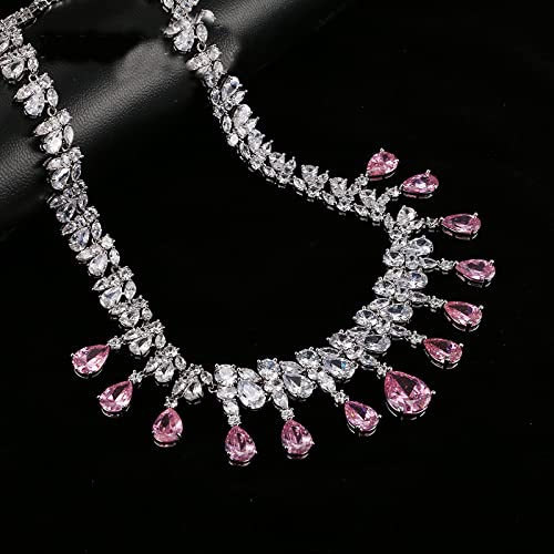 Wly Juego De Joyas Para Mujer Collar Juego De Aretes Colgantes Forma De Gota De Lágrima Circonita Cúbica AAA Juegos De Joyas Para Bodas Color Oro Blanco, Juego De Joyas