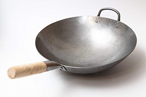 Wok tradicional de acero de carbono forjado a mano, con mango auxiliar de madera y acero (diámetro 35,6 cm, fondo redondo)/731W88, de Craft Wok