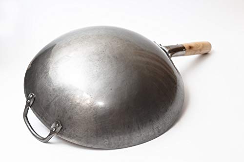 Wok tradicional de acero de carbono forjado a mano, con mango auxiliar de madera y acero (diámetro 35,6 cm, fondo redondo)/731W88, de Craft Wok