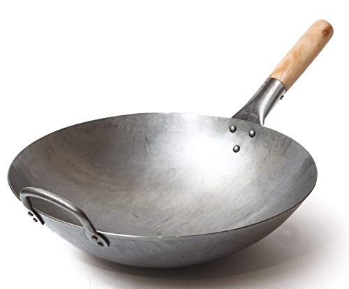 Wok tradicional de acero de carbono forjado a mano, con mango auxiliar de madera y acero (diámetro 35,6 cm, fondo redondo)/731W88, de Craft Wok