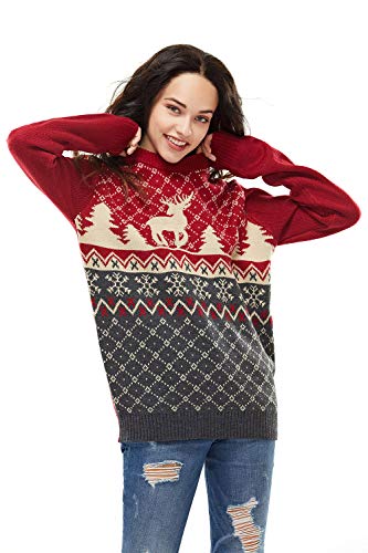Women`s Ugly Christmas Sweater, Novelty Funny Xmas Jumper with Santa Reindeer Snowflake,Chunky Unisex Festive Knitted Pullover Long Sleeve Sweater for Party