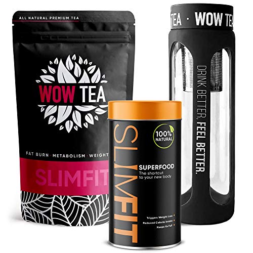 WOW TEA Combo de pérdida de peso - Cuerpo natural delgado y en forma | Paquete de 1 mes | Té adelgazante de hierbas & Polvo de reemplazo de comidas & Botella de té negro | 300g, 550ml, Made in EU