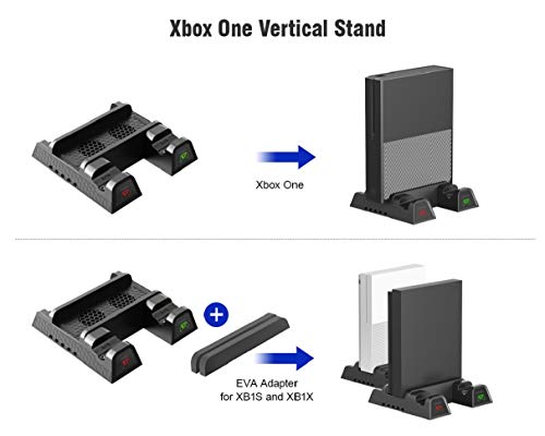 Xbox One Soporte Vertical y Ventilador de Refrigeración, estación de carga, Cargador de Batería Mando, 2x Battery Recargable controller, 12x juegos almacenamiento, USB Hub para Xbox One, One S, One X