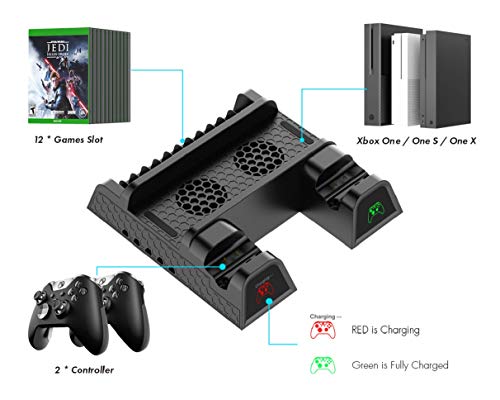 Xbox One Soporte Vertical y Ventilador de Refrigeración, estación de carga, Cargador de Batería Mando, 2x Battery Recargable controller, 12x juegos almacenamiento, USB Hub para Xbox One, One S, One X