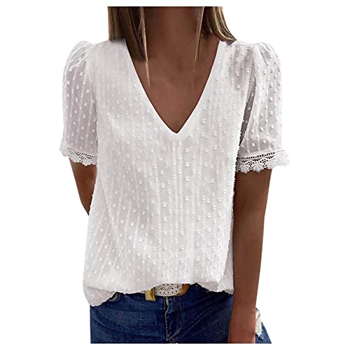 YANFANG Blusas de Mujer Elegantes,Camiseta Casual de Manga Corta con Encaje de Moda para Mujer Top de Color sólido con Cuello en V, L,7-Blanco