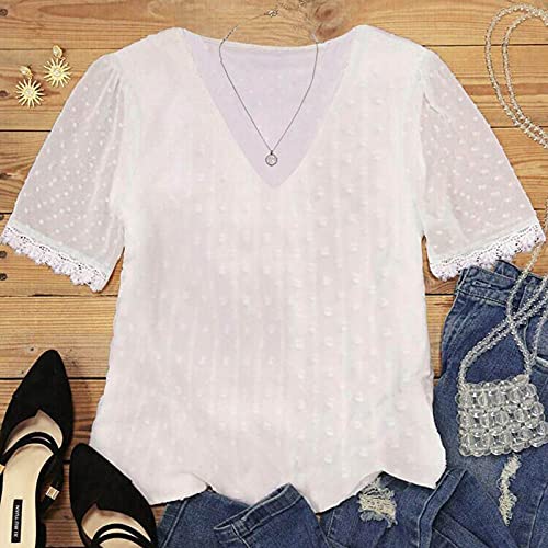 YANFANG Blusas de Mujer Elegantes,Camiseta Casual de Manga Corta con Encaje de Moda para Mujer Top de Color sólido con Cuello en V, L,7-Blanco