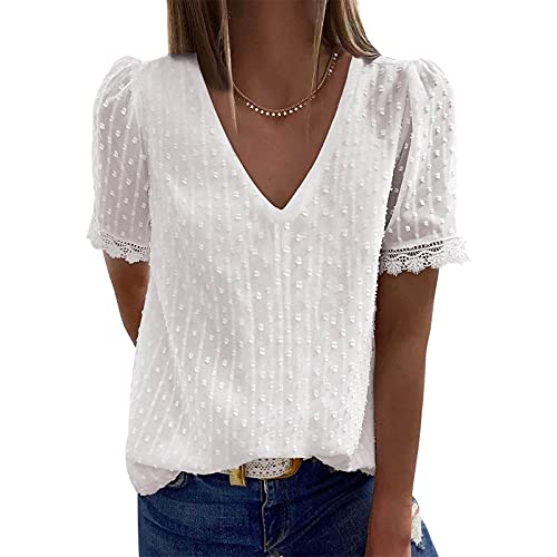 YANFANG Blusas de Mujer Elegantes,Camiseta Casual de Manga Corta con Encaje de Moda para Mujer Top de Color sólido con Cuello en V, L,7-Blanco