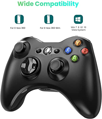YCCTEAM Mando inalámbrico Xbox 360, 2,4 GHz, doble vibración, mando de juego Xbox 360 con receptor remoto Gamepad Joypad para Xbox 360 Slim PS3 y PC Windows 7/8/10, sin conector de audio (negro)