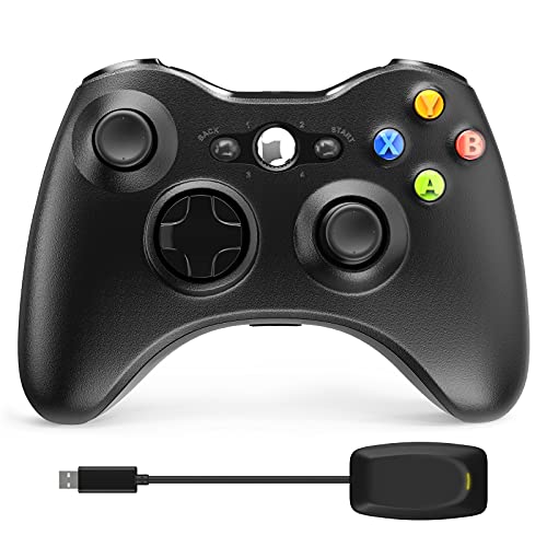 YCCTEAM Mando inalámbrico Xbox 360, 2,4 GHz, doble vibración, mando de juego Xbox 360 con receptor remoto Gamepad Joypad para Xbox 360 Slim PS3 y PC Windows 7/8/10, sin conector de audio (negro)