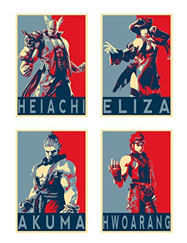 YEAHTOPE Póster de Tekken con diseño de personajes de Heiachi Eliza Akuma Hwoarang (4 unidades, tamaño A4, 21 cm x 29 cm), sin marco