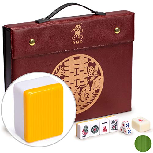 Yellow Mountain Imports Juego Profesional de Mahjong Chino - Doble Felicidad (Amarillo) - con 146 Fichas de Tamaño Medio, 3 Dados y un Indicador de Viento - Para Jugar al Estilo Chino