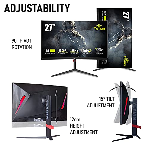 YEYIAN Monitor Curvo Gaming Sigurd 3001 27" PC LED sin Marco, 1080P HD, 165Hz, 1ms, 3000:1, 16:9, 178°, 16.7M Colores, G-Sync, FreeSync, DP/DVI/HDMI, Altavoz, Inclinación/Altura/Pivote Ajustable