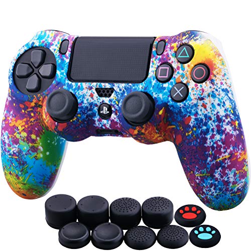 YoRHa Transferencia Agua Impresión Silicona Fundas Protectores Cubierta para Sony PS4/Slim/Pro Dualshock 4 Mando x 1 (Salpicaduras de Pintura) con Thumb Gripsx 10