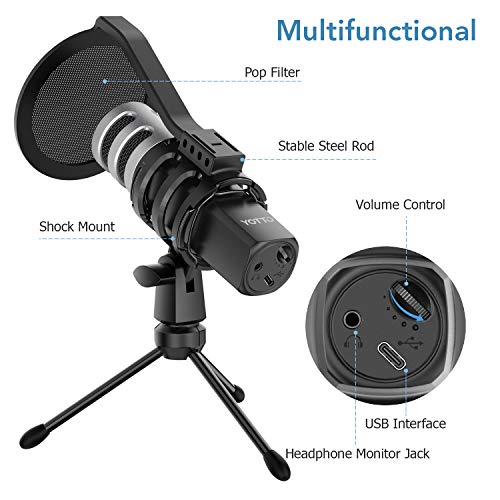 YOTTO Micrófono PC USB de Condensador Cardioide 192KHz/24bit Micrófono Plug and Play Profesional para Grabación de Estudio, Gaming, Streaming, Podcasts, Youtube, Twitch, Voice Overs con Filtro Pop