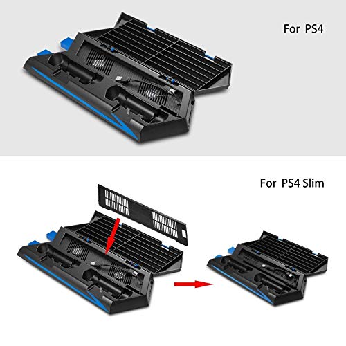 Younik Soporte Vertical para PS4 / PS4 Slim con ventiladores, estación de carga para dos controles, estante de almacenamiento para 14 juegos
