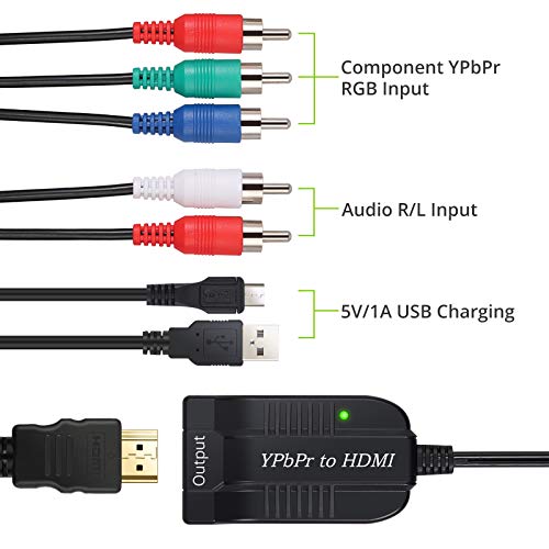YPBPR RGB Componente a HDMI 1080p Convertidor de Audio y Video Componente YPbPr a HDMI con Cable Tipo Macho para VHS VCR DVD PC HDTV PS3 360