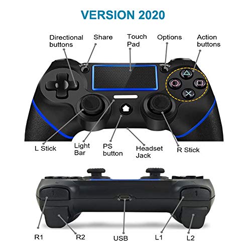 YUES Mando para PS4,para Playstation 4/Pro/Slim/3/PC y ordenador portátil.Inalámbrico Gamepad con panel táctil de doble vibración y función de audio y barra de luces,Azul