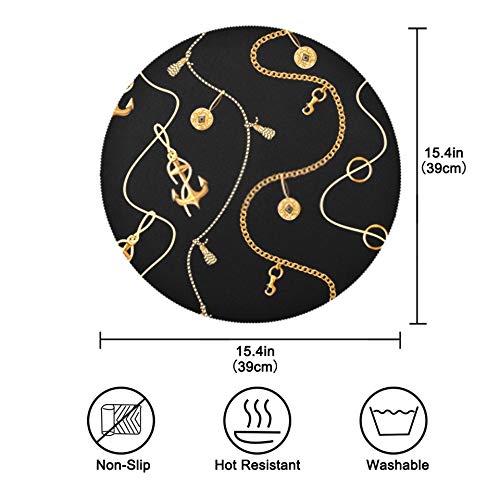 YUXB Round Placemats Wrinkle and Heat Resistance Polyester Seamless Pattern Gold Anchor Coins Chains Table Mats Set of 4 Placemats For Kitchen Dining Table Decoration