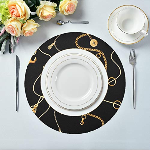 YUXB Round Placemats Wrinkle and Heat Resistance Polyester Seamless Pattern Gold Anchor Coins Chains Table Mats Set of 4 Placemats For Kitchen Dining Table Decoration