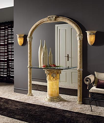 Zadise mi mueble online Consola | Clásica Medida |110 X 35 X 82 cm. | Acropolis | Cristal de 15 mm de Grosor | Acabado en Piedra Decorada a Mano con Detalles en Baño Metálico | Estable