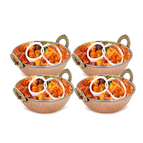 Zap Impex - Juego de 4 cuencos indios de cobre martillado, acero inoxidable, platos indios y curry pequeño (15 cm)