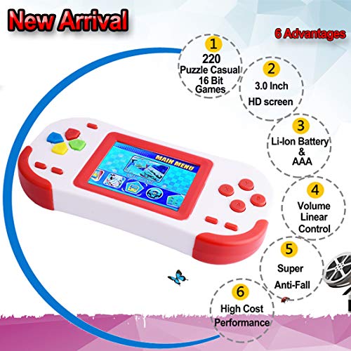 ZHISHAN Consola de Juegos Portátil para Niños con Construido en 220 Classic Video Juegos Sistema 3.0" LCD Cumpleaños Rojo