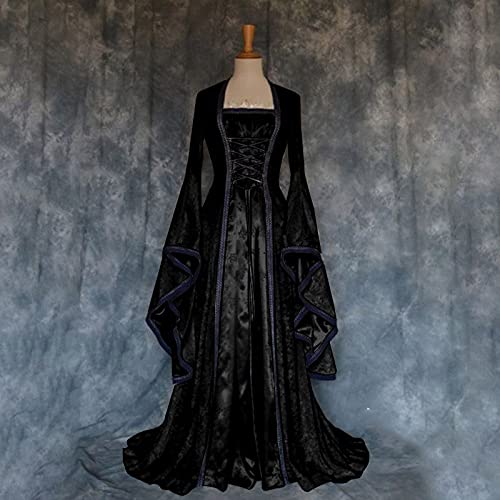 Zimuuy Mujer Vestido Medieval Disfraz de Epoca Halloween Fiesta Vintage Vestidos Medievales Disfraz-Bruja Blanco(Negro,S)