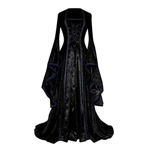 Zimuuy Mujer Vestido Medieval Disfraz de Epoca Halloween Fiesta Vintage Vestidos Medievales Disfraz-Bruja Blanco(Negro,S)
