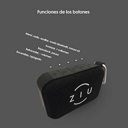 Ziu Smart Items Altavoz Portátil(3W, Bluetooth, Recargable, Entrada Auxiliar, 6 Horas de Reproducción Continua, Micrófono Incorporado), Negro, 11.5 x 7 x 4 cm