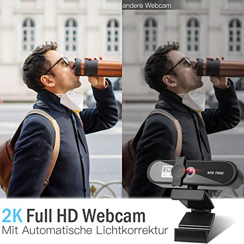 ZJSTRO Webcam 2K Full HD con Micrófono Estéreo y Enfoque Automático, Cámara Web USB con Trípode y Funda Protectora, para Videollamadas, Conferencias, Juegos, Compatible con Windows/Mac/Androi