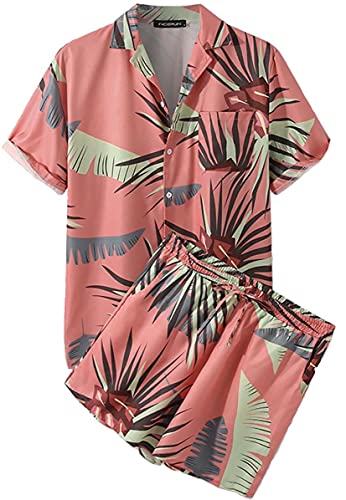 ZKomoL Camisa hawaiana de manga corta con bolsillos camisa de verano con botones de verano camisas de playa trajes de 2 piezas, Rojo, Medium