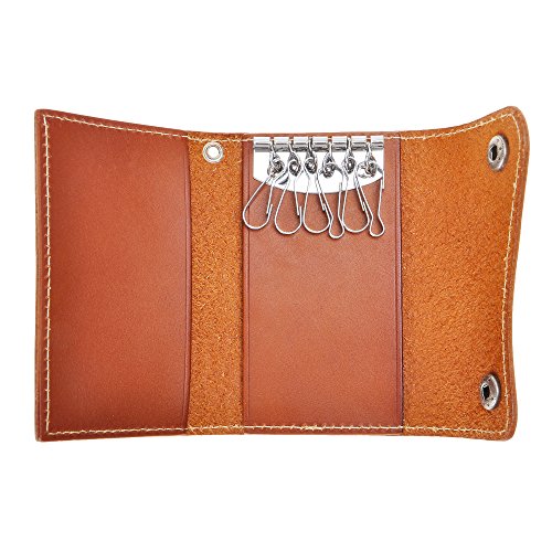 ZLYC - Funda de piel auténtica con 6 ganchos para llaves, cierre de botón, para hombre y mujer, con tarjetero, color marrón