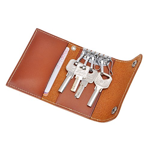 ZLYC - Funda de piel auténtica con 6 ganchos para llaves, cierre de botón, para hombre y mujer, con tarjetero, color marrón