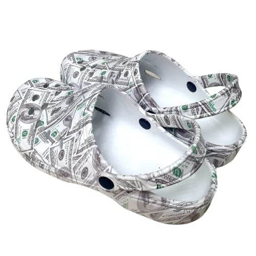 Zuecos Sanitarios Mujer de Trabajo Cómodos de Goma EVA Laboral Enfermera y Hostelería con Diseño Dibujos Hidroimpresión Dólares. Talla 40. Talonera en el Mismo diseño