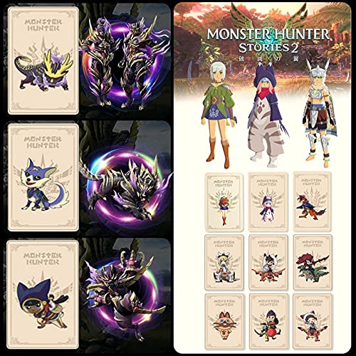 12PCS Monster Hunter Stories 2 Amllbo con 2PCS MHR Joystick Cap, Monster Hunter Stories 2 Wings of Ruin Amllbo Mini Tarjetas NFC Incluye ENA Razewing Ratha Tsukino, Amllbo Card para Switch/Switch Lite