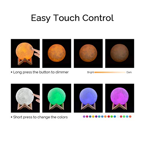15cm Lámpara Luna 3D, ICONNTECHS Brillo Regulable 16 Colores RGB Recargable USB Control remoto y Control táctil LED Lunar Luz Nocturna Decorativa para Dormitorio, Salón, Regalo para Mujeres y Niños, L