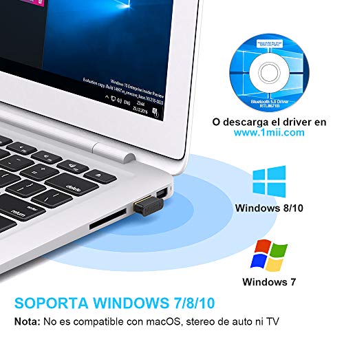 1mii Adaptador Bluetooth 5.0 para PC, USB Bluetooth Dongle para Win10/8/7, Receptor Bluetooth USB Ordenador/Portatil para Auriculares, Altavoz Bluetooth, Teclado, Ratón, Transferencia de Datos