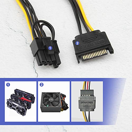 2 cables SATA de 15 pines macho a 8 pines PCI-Express hembra de adaptador de alimentación intercambiables de 6 pines para unidad de disco duro